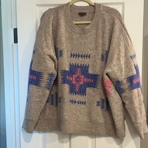 Eddie Bauer Taupe Sweater with Blue and Pink Patterns